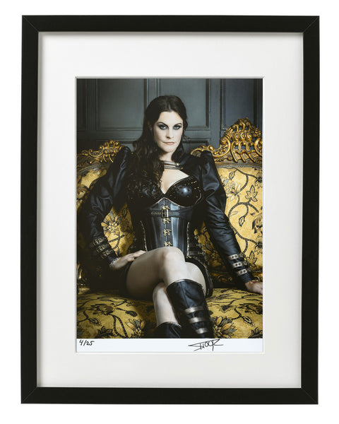 Autographed framed print of Floor Jansen of Finnish symphonic metal band Nightwish, sitting on elaborate gold sofa. Signed by the artist. By Tina K Photography.