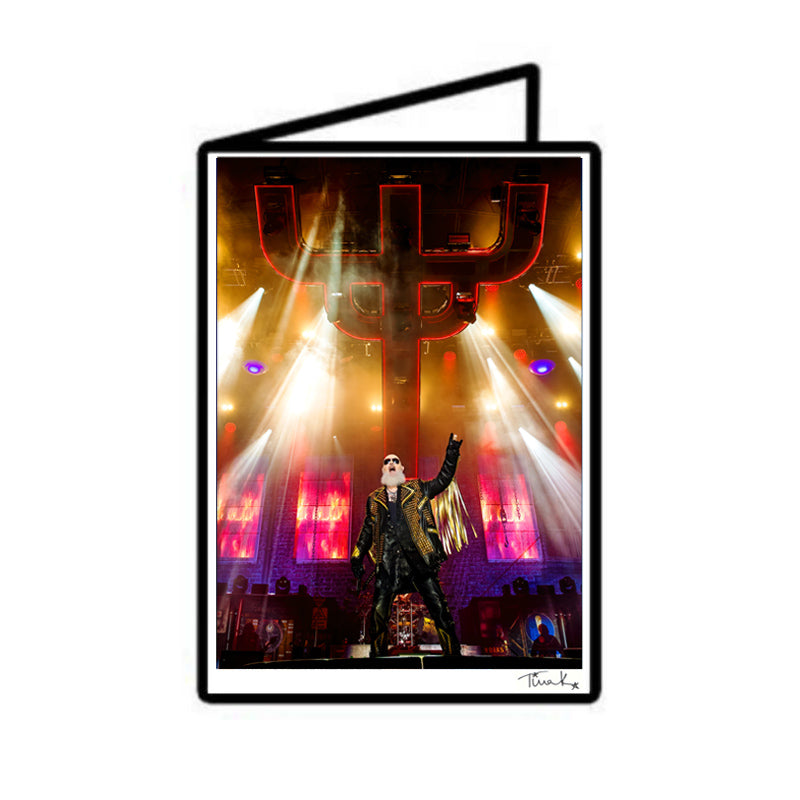 Metal God Rob Halford poses on the stage at Bloodstock festival in front of Judas Priest's cross-shaped lighting rig. A6 photo print by Tina K Photography. 