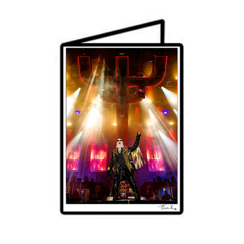 Metal God Rob Halford poses on the stage at Bloodstock festival in front of Judas Priest's cross-shaped lighting rig. A6 photo print by Tina K Photography. 