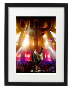 Framed Photo print of Rob Halfold of Judas Priest onstage at Bloodstock in 2021. Features Rob Halford on stage standing in front of the Judas Priest cross symbol rig. By Tina K Photography.