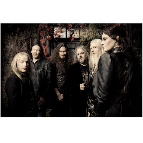 Unframed photo print of symphonic metal band Nightwish from the Human Nature album promo shoot. The band are dressed in black, surrounded by autumnal leaves. By Tina K Photography.