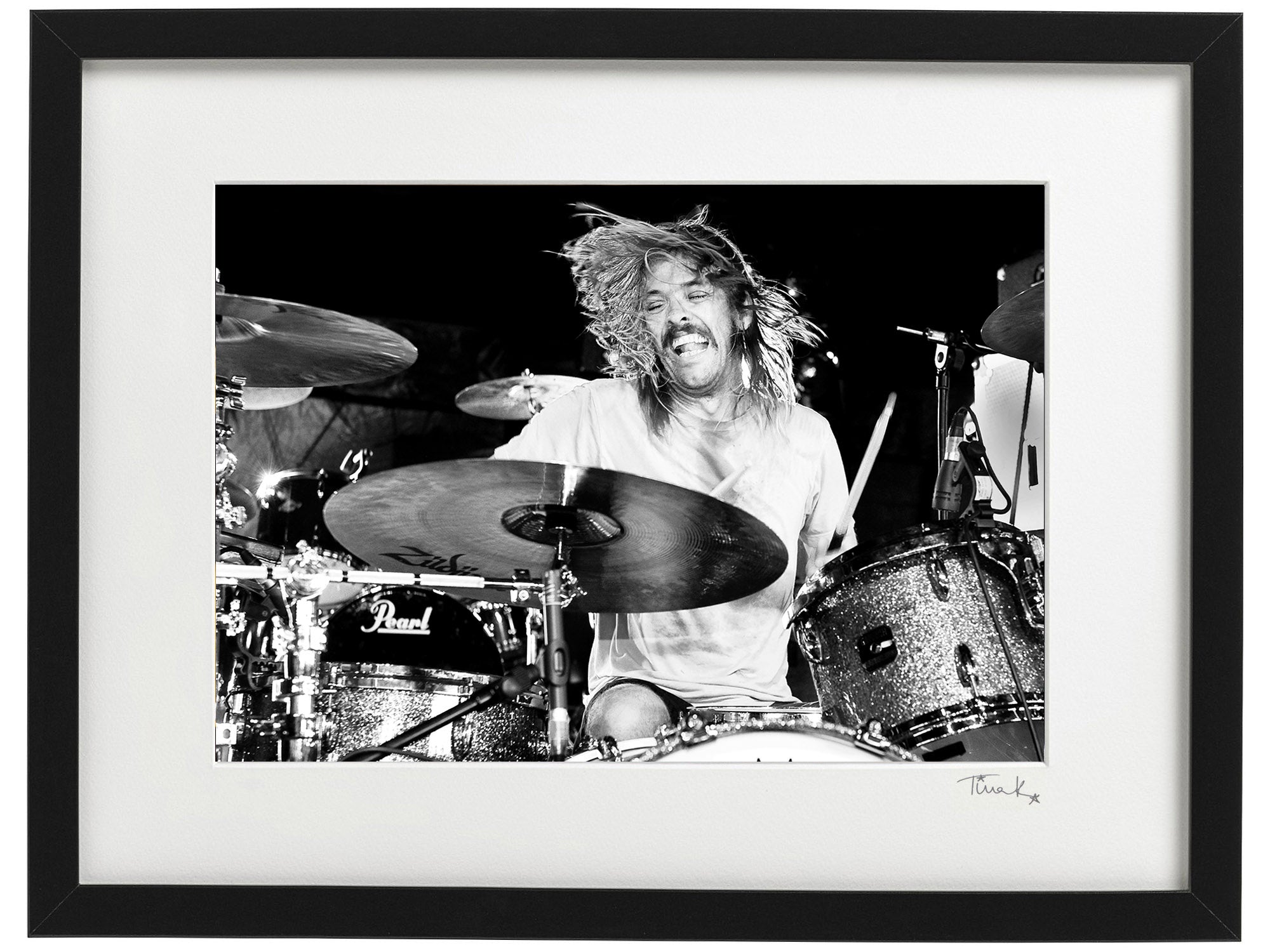 Taylor Hawkins playing drums onstage at Download festival 2010 with Taylor Hawkins And The Coattail Riders. Black and white framed print by Tina K Photography