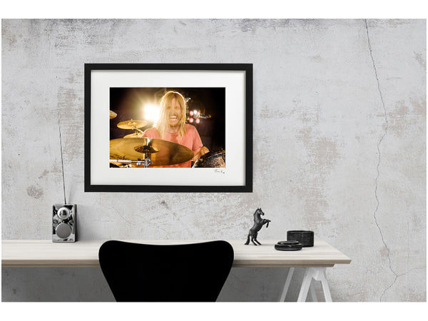 Taylor Hawkins playing drums onstage at Download festival 2010 with Taylor Hawkins And The Coattail Riders. Framed print on wall by Tina K Photography