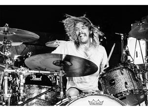 Taylor Hawkins playing drums onstage at Download festival 2010 with Taylor Hawkins And The Coattail Riders. Black and white print by Tina K Photography