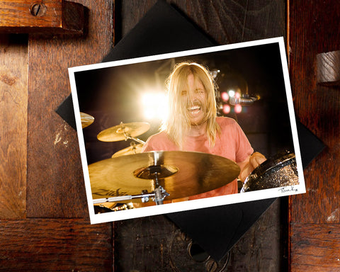 Greeting card of Taylor Hawkins playing drums onstage at Download festival 2010 with Taylor Hawkins And The Coattail Riders. A6 print by Tina K Photography