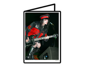 Joey Jordison (Murderdolls and Slipknot) playing guitar dressed in red and black on stage with Murderdolls 2003. A6 printed greeting card by Tina K Photography