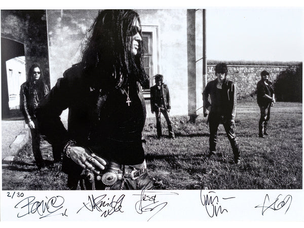 Autographed print of Finnish gothic rock band The 69 Eyes, signed by the band. Limited edition of 30. Black & white print by Tina K Photography.