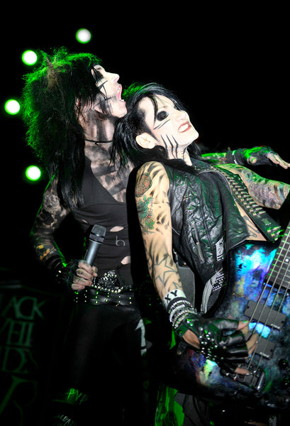 Andy Biersack and Ashley Purdy of Black Veil Brides on stage at the Forum London, 2011. Colour print by Tina K photography.