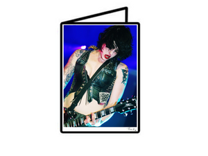 Greeting card of Brody Dalle of punk rock band The Distillers playing guitar onstage at the NME Awards 2004. Print by Tina K Photography. 