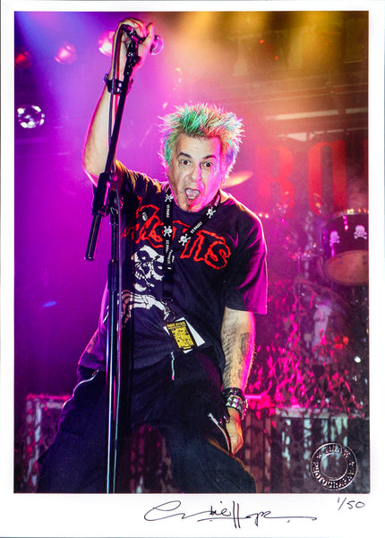 Limited edition signed print of Charlie Harper of punk rock band U.K. Subs onstage  at their Anniversary show, London 2002