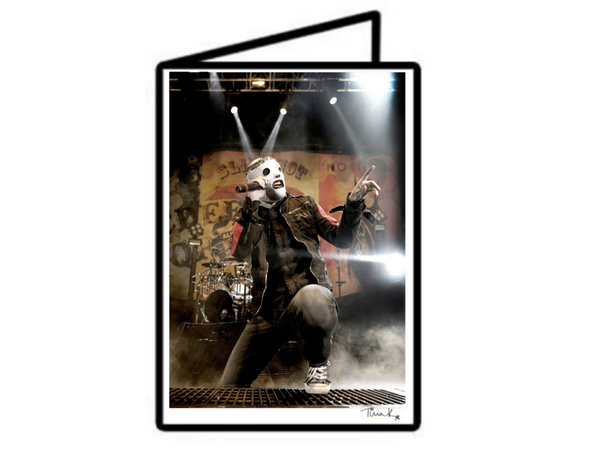 Greeting card of Corey Taylor of Slipknot in his  All Hope Is Gone white mask on stage in London 2008. Print by Tina K Photography