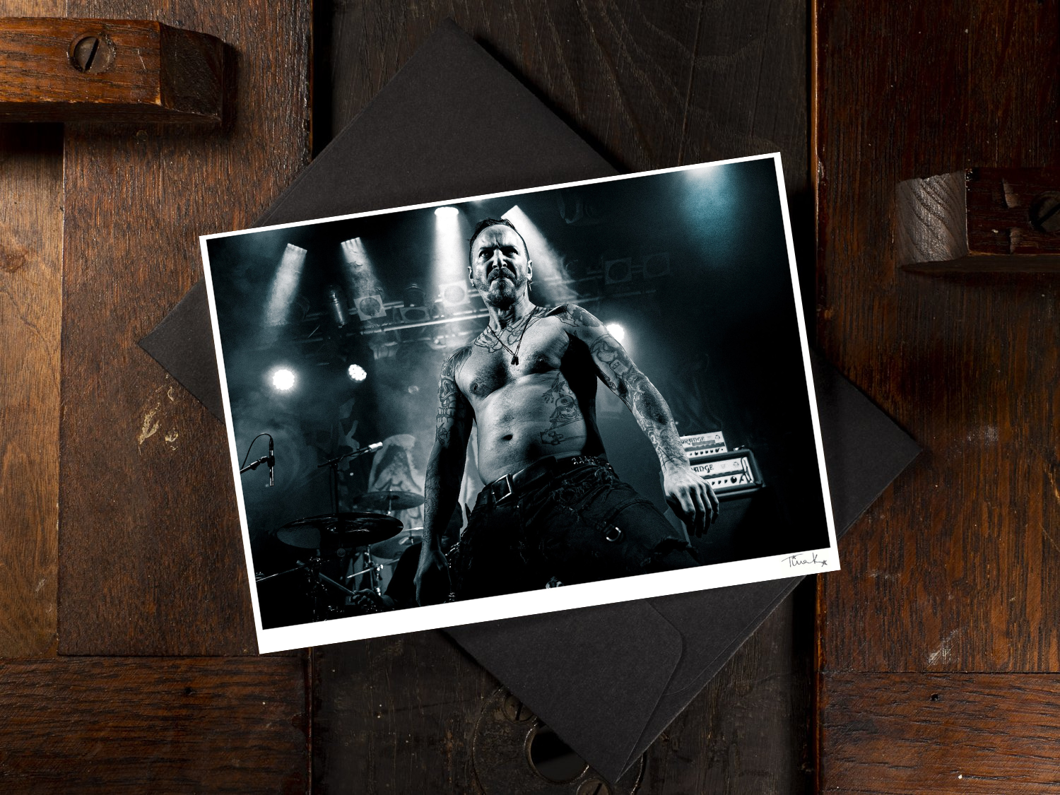 Hand printed greeting card of Jeff JJ Janiak of Discharge on stage at the Electric Ballroom London, 2019. Black & white print, signed by Tina K Photography.