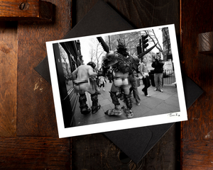 Greeting card of Oderus Urungus from GWAR making his way back to Astoria from Crobar in London in 2007 with onlookers staring. Black and white print signed by Tina K Photography.