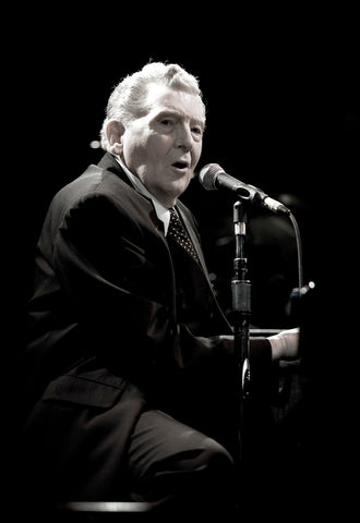 Music wall art print of pioneering Rock and Roll singer and pianist Jerry Lee Lewis, The Killer, sitting at piano onstage in 2008