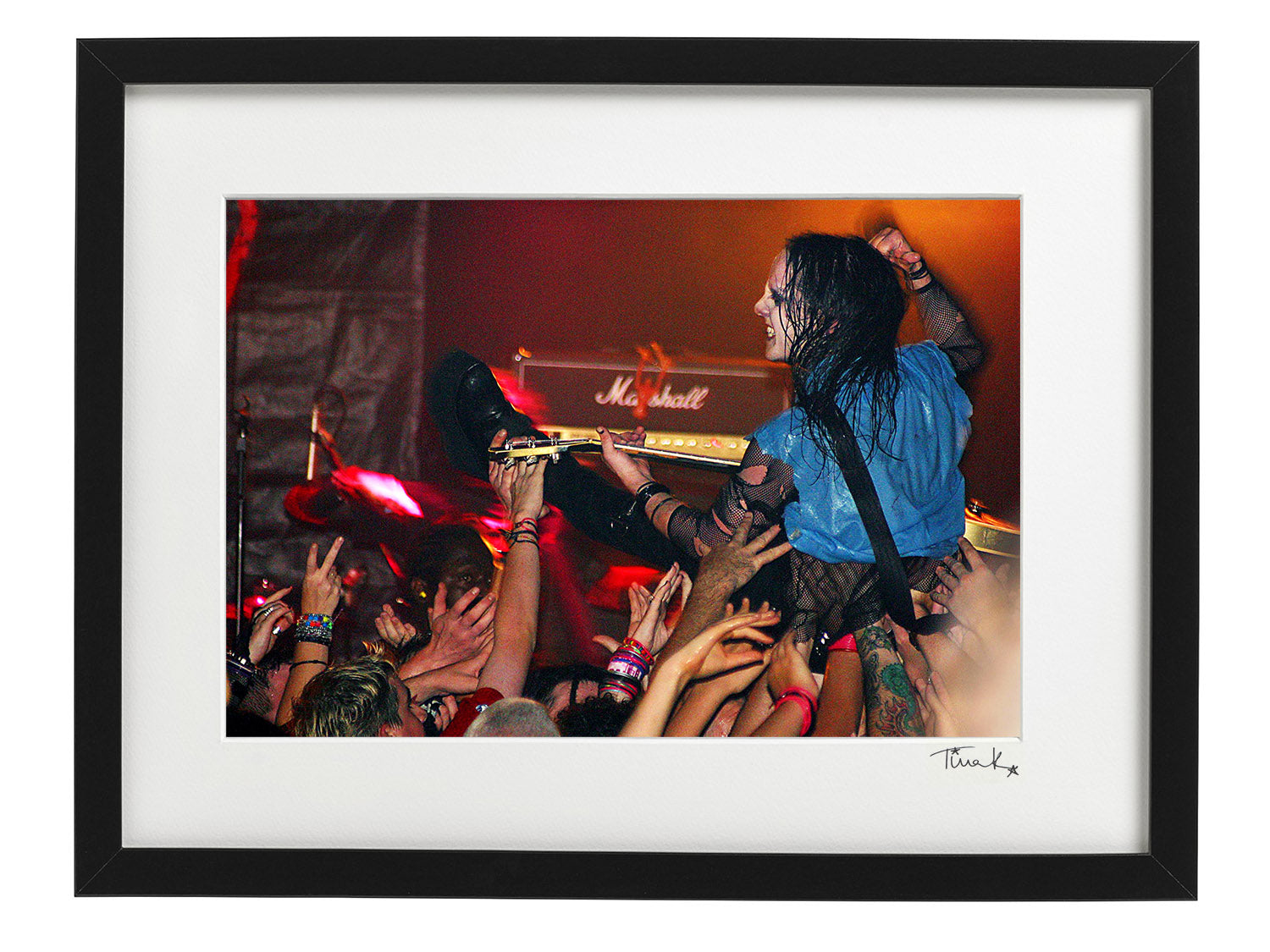 Joey Jordison (Slipknot, Murderdolls) crowdsurfing with his Gibson guitar at The Garage 2002. Framed print by Tina K Photography.