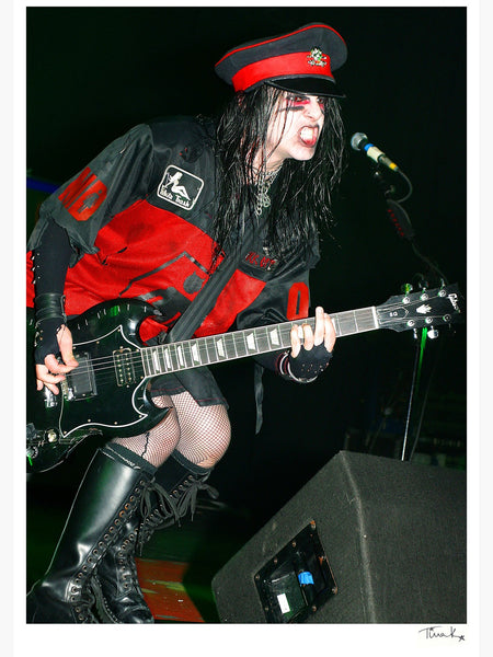 Joey Jordison (Murderdolls and Slipknot founding drummer) playing guitar dressed in red and black on stage with Murderdolls Brixton Academy 2003. Original signed print by Tina K Photography.y.