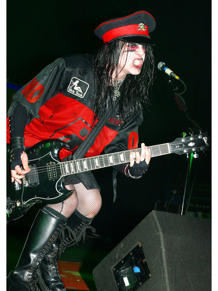 Joey Jordison (Murderdolls and Slipknot) playing guitar dressed in red and black on stage with Murderdolls 2003. Original print by Tina K Photography.