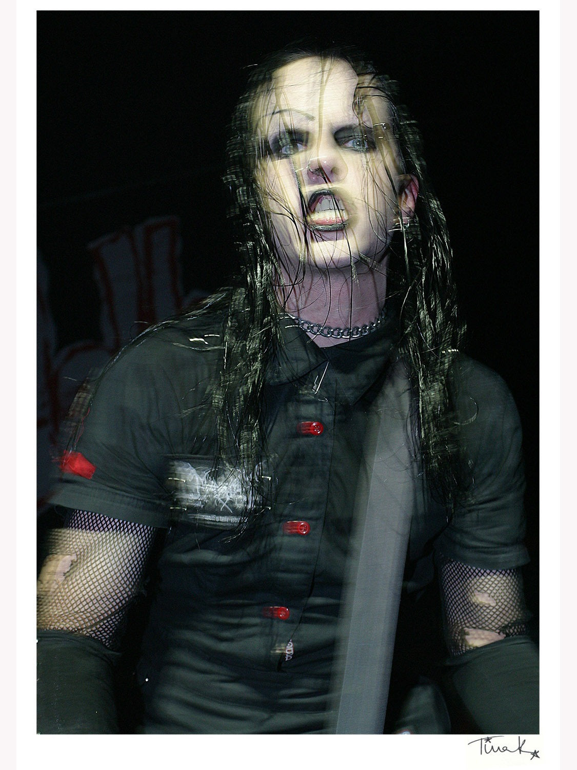 Joey Jordison (Murderdolls, Slipknot) on stage with Murderdolls, 2002. Motion blurred image & print by Tina K Photography.