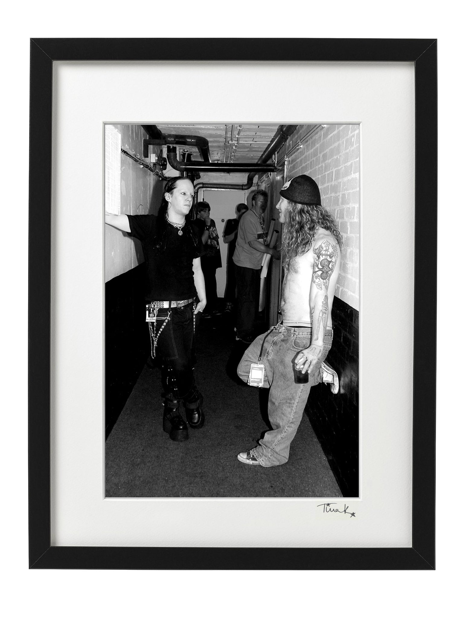 Joey Jordison (Slipknot founding drummer, Murderdolls) with Corey Taylor (Slipknot, Stone Sour) backstage at Birmingham Academy in 2003. Black and white framed print by Tina K Photography.