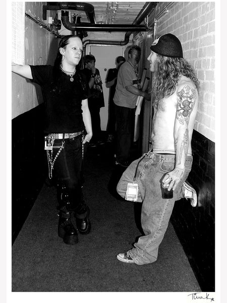 Joey Jordison (Slipknot founding drummer, Murderdolls) with Corey Taylor (Slipknot, Stone Sour) backstage at Birmingham Academy in 2003. Black and white print, signed by Tina K Photography.