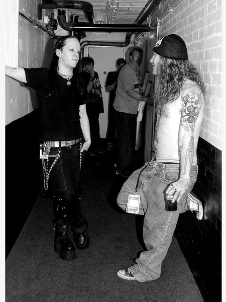 Joey Jordison (Slipknot founding drummer, Murderdolls) with Corey Taylor (Slipknot, Stone Sour) backstage at Birmingham Academy 2003. Black and white print by Tina K Photography.