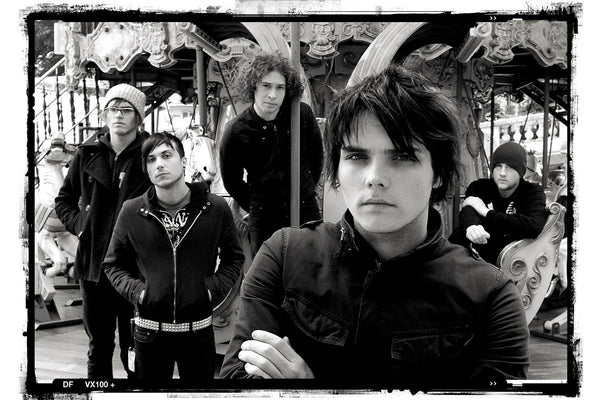 Black and white print of My Chemical Romance, MCR on a carousel in Paris, 2005 