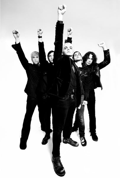 Black and white print of rock band My Chemical Romance MCR  in a comic book pose 2006