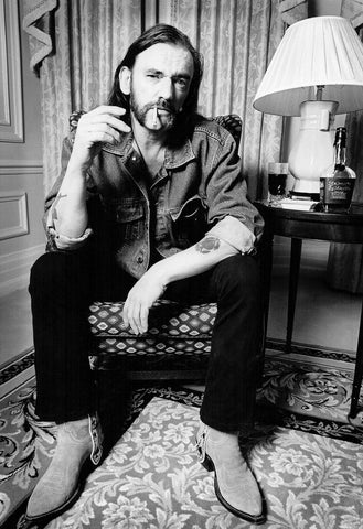 Black and white print of Lemmy Kilmister of Motörhead photographed for the 100th issue of Terrorizer magazine at the Mandarin Oriental Hyde Park, London, 2002