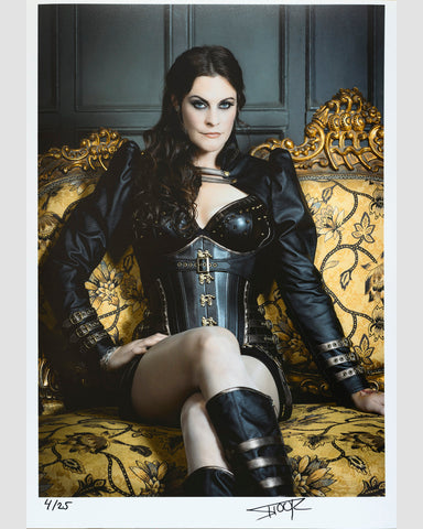 Autographed print of Floor Jansen of Finnish symphonic metal band Nightwish, sitting on elaborate gold sofa. Signed by the artist. By Tina K Photography.