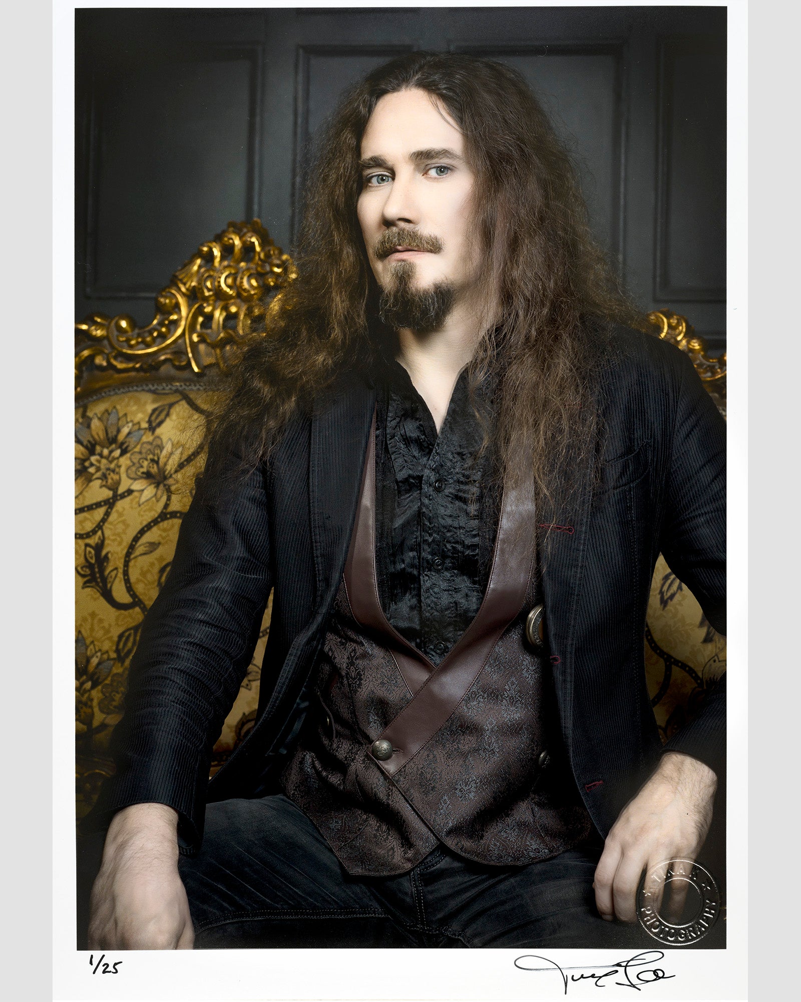 Autographed print of Tuomas Holopainen of Finnish symphonic metal band Nightwish, sitting on elaborate gold sofa. Signed by the artist. Photo by Tina K Photography.