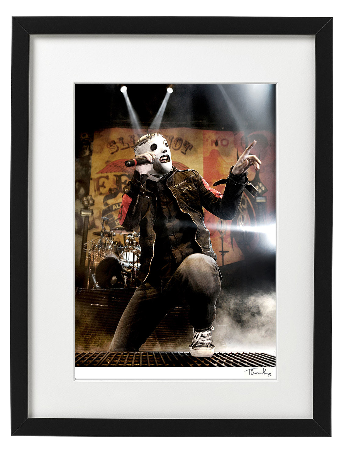 Corey Taylor of Slipknot in his  All Hope Is Gone white mask on stage in London 2008. Framed Print by Tina K Photography