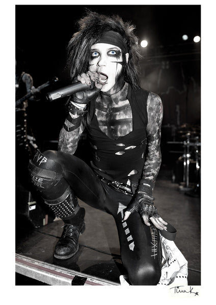 Andy Biersack of Black Veil Brides on stage at the Forum in London 2011. Black and white print signed by Tina K Photography.