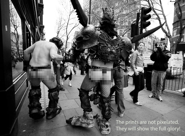 Oderus Urungus from GWAR making his way back to Astoria from Crobar in London in 2007 with onlookers staring. Black and white print signed by Tina K Photography.
