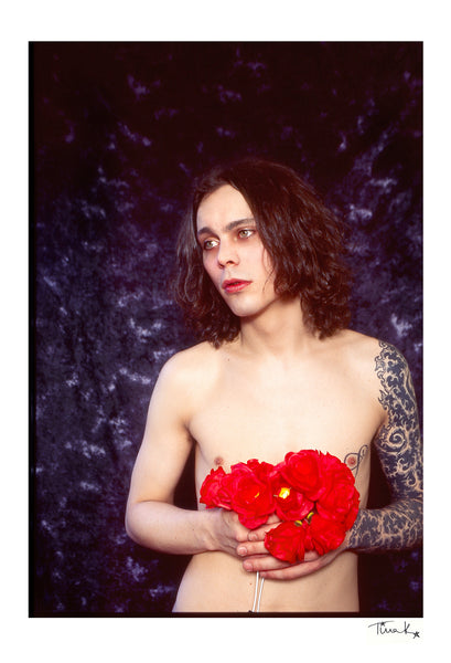 Poster print of Ville Valo from HIM with tattoos and holding a bunch of red roses