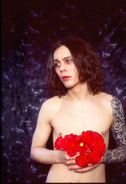 Poster print of Ville Valo from HIM with tattoos and holding a bunch of red roses