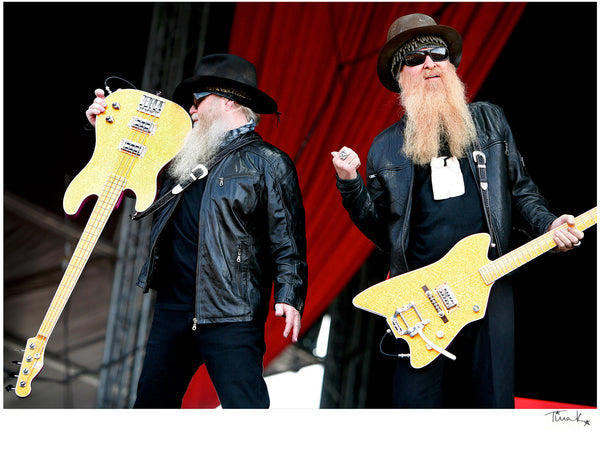 Dusty Hill and Billy Gibbons of ZZ Top with guitars, on stage at Download Festival 2009. Original print, signed by Tina K Photography.