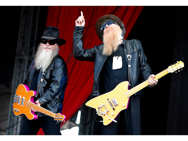 Dusty Hill and Billy Gibbons of ZZ Top with guitars, on stage at Download Festival 2009. Original print by Tina K Photography.